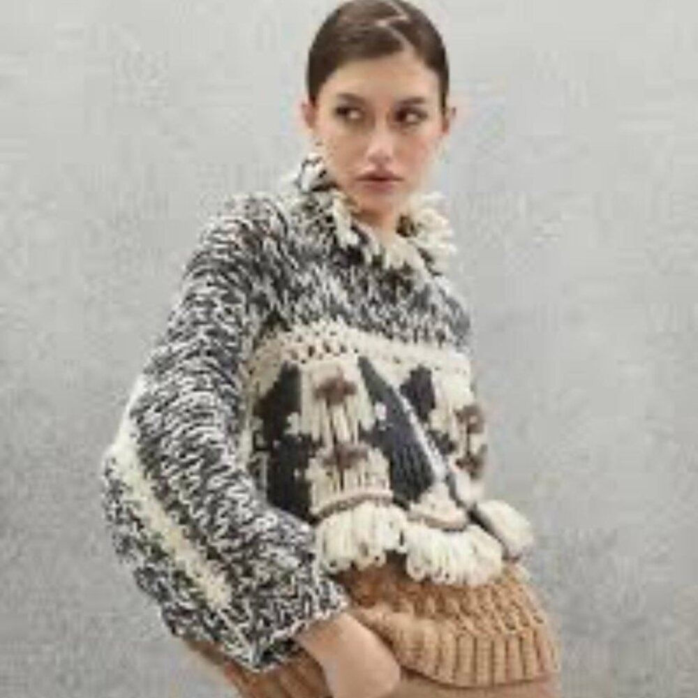 $12,000 BRUNELLO CUCINELLI HANDMADE MACRAME INTARSIA OPRA CASHMERE SWEATER S